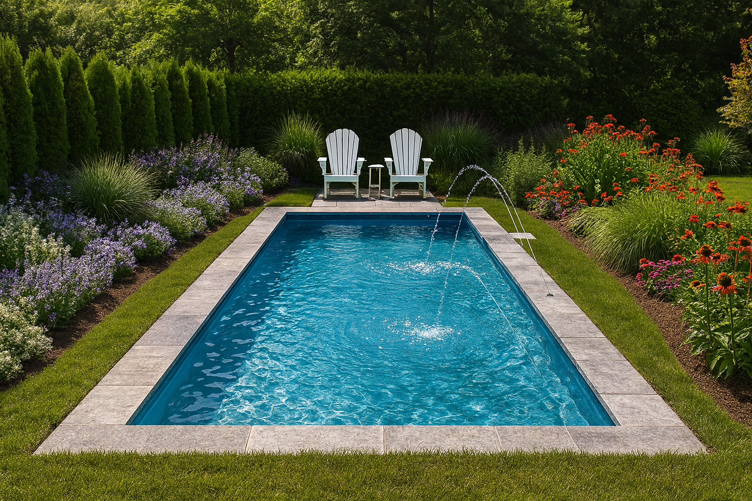 Neblina Beach fiberglass pool installed in a backyard