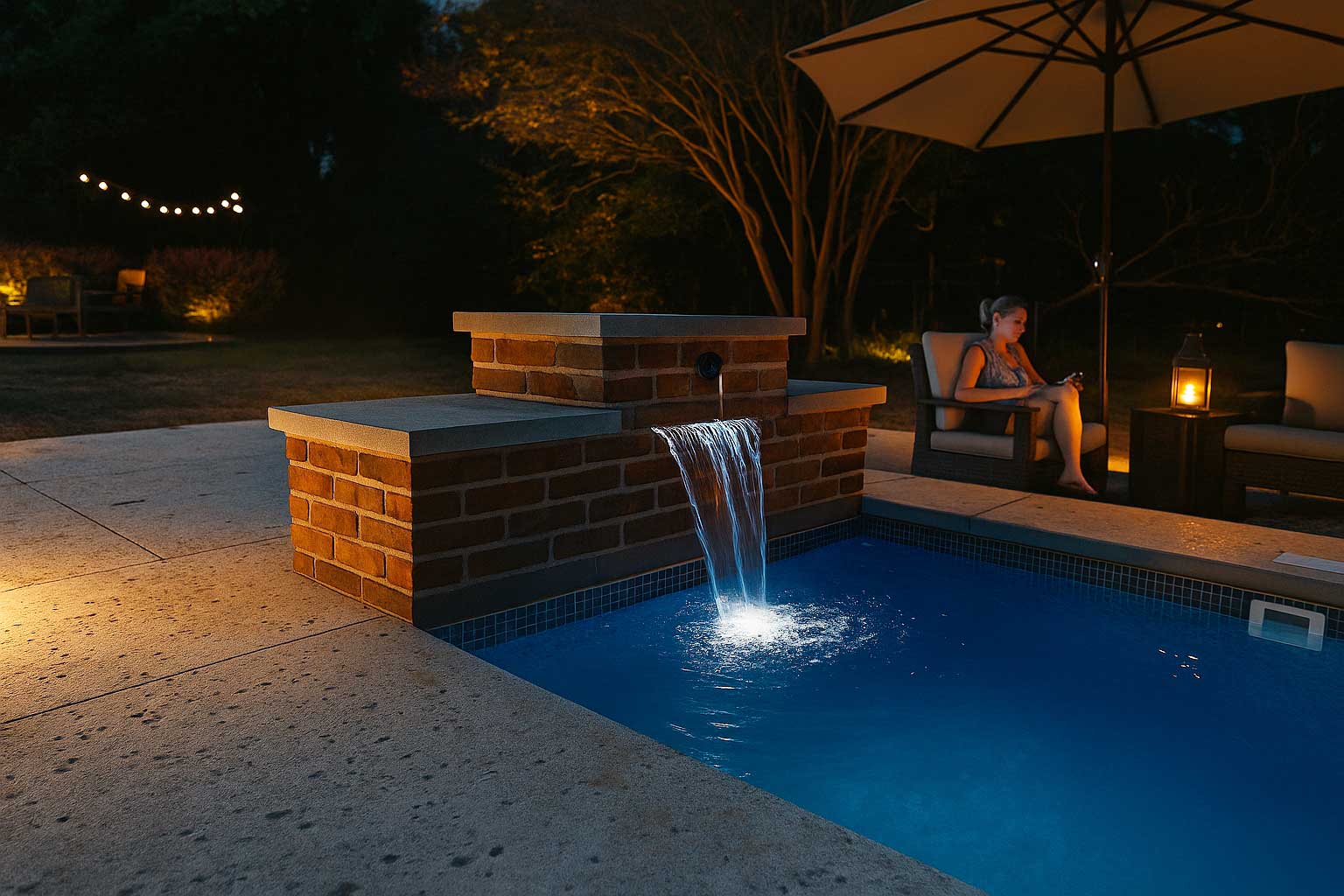 Pool waterfall feature installed